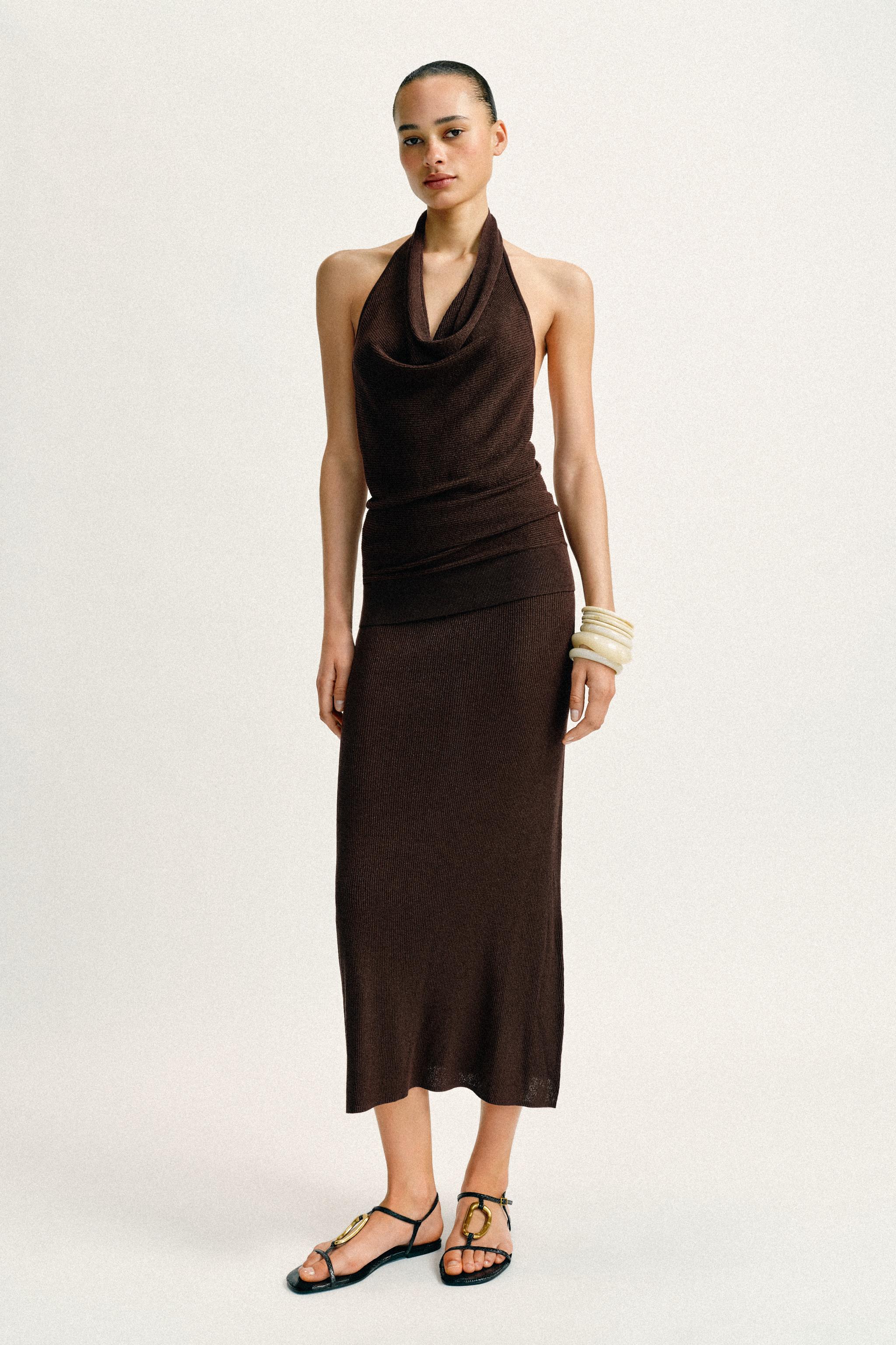 METALLIC THREAD RIB KNIT MIDI SKIRT
